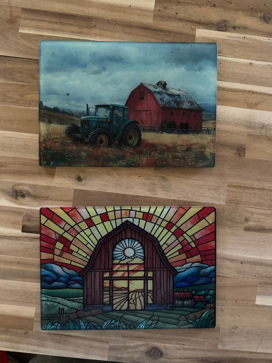 Barn, Tractor, Hay Field, Country, Charcuterie, Cutting Board